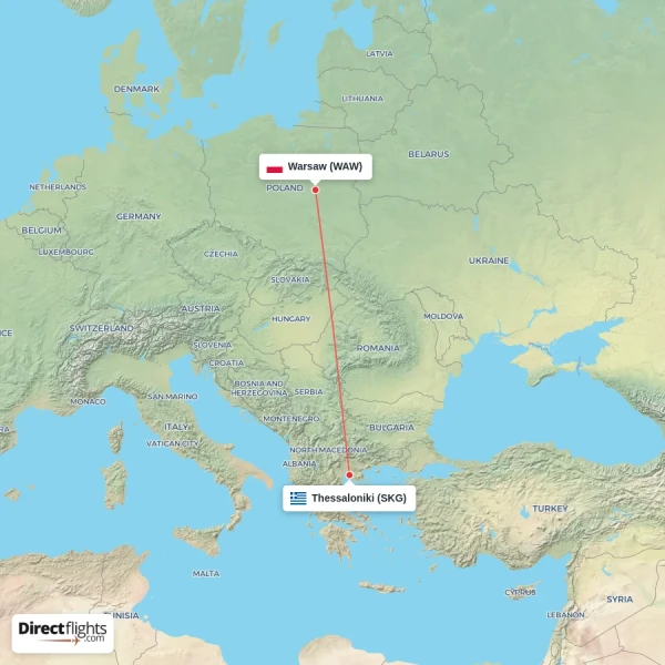 Thessaloniki - Warsaw direct flight map