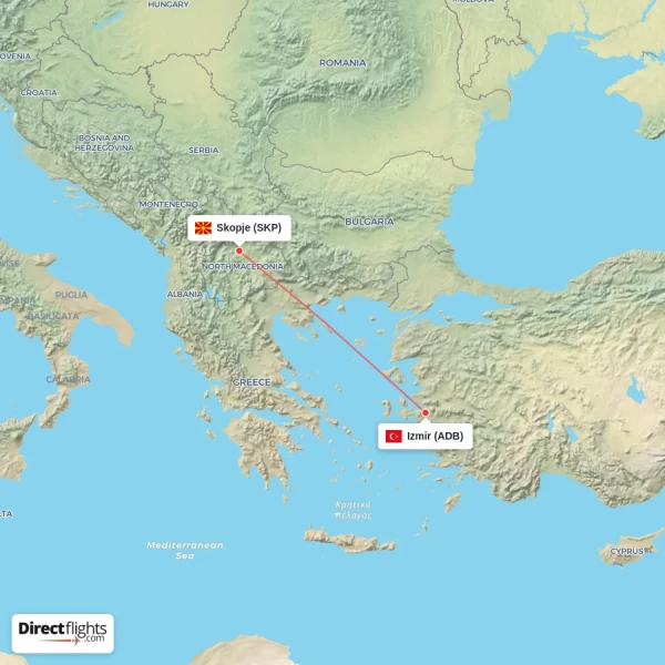 Skopje - Izmir direct flight map
