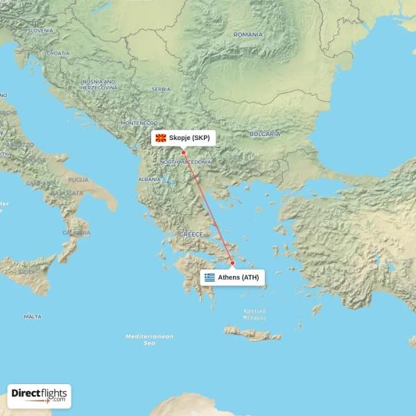 Skopje - Athens direct flight map