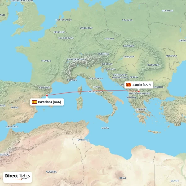 Skopje - Barcelona direct flight map