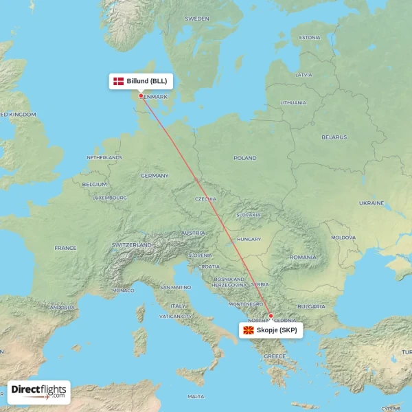 Skopje - Billund direct flight map