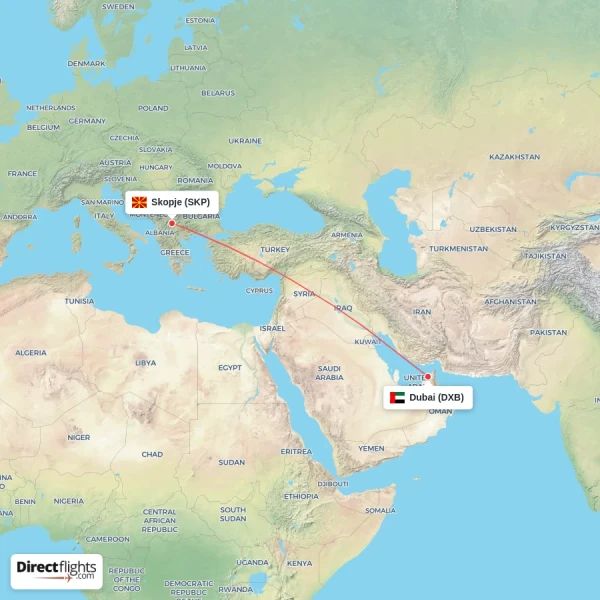 Skopje - Dubai direct flight map