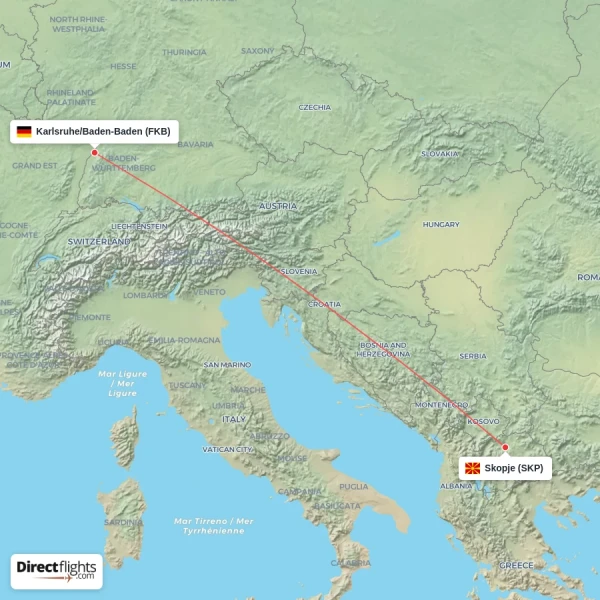 Skopje - Karlsruhe/Baden-Baden direct flight map