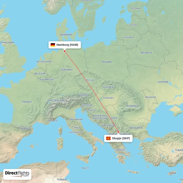 Skopje - Hamburg direct flight map