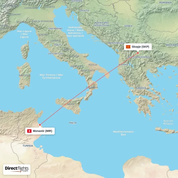 Skopje - Monastir direct flight map