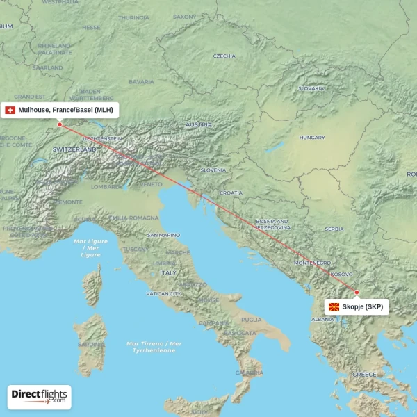 Skopje - Mulhouse, France/Basel direct flight map