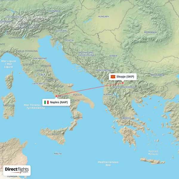 Skopje - Naples direct flight map