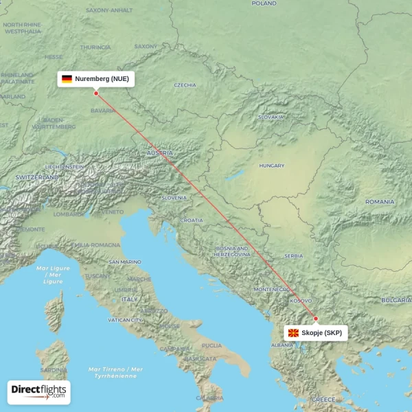 Skopje - Nuremberg direct flight map