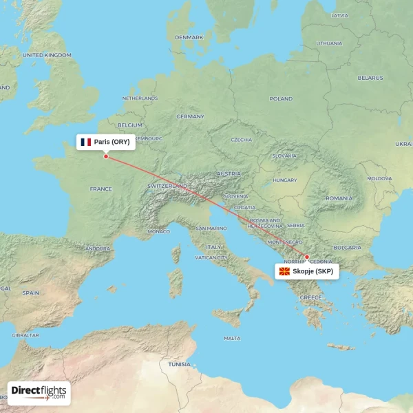 Skopje - Paris direct flight map