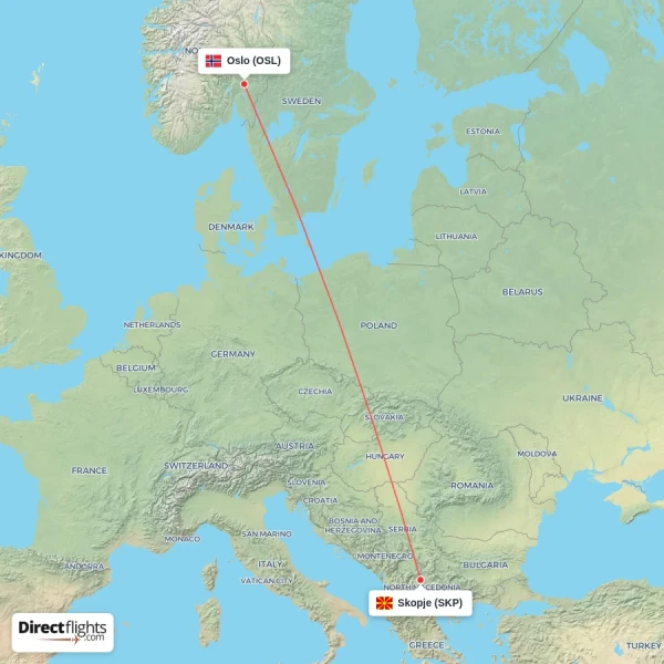 Skopje - Oslo direct flight map