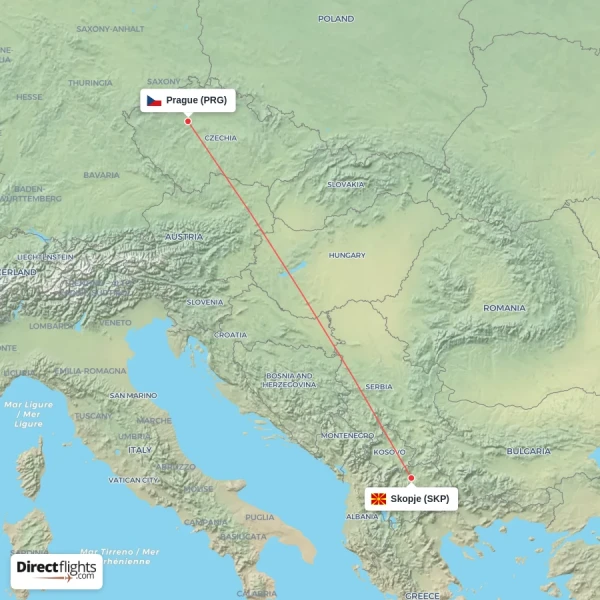 Skopje - Prague direct flight map