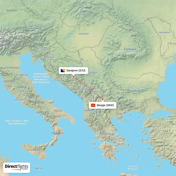 Skopje - Sarajevo direct flight map