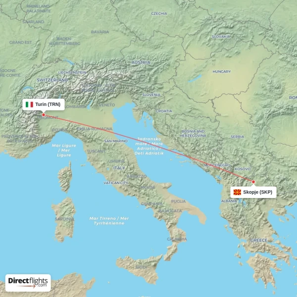 Skopje - Turin direct flight map