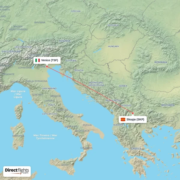 Skopje - Venice direct flight map