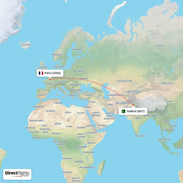 Sialkot - Paris direct flight map