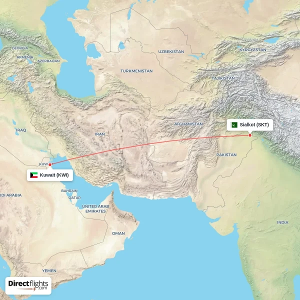 Sialkot - Kuwait direct flight map