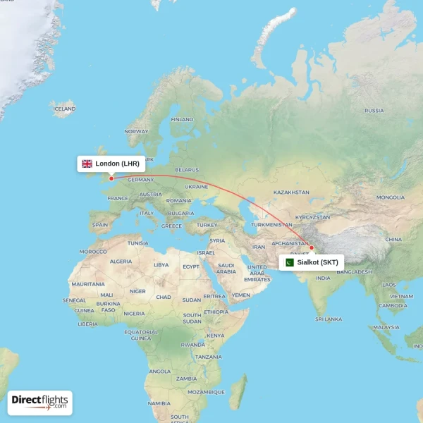 Sialkot - London direct flight map