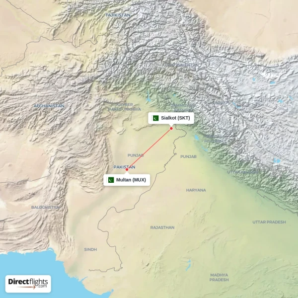 Sialkot - Multan direct flight map