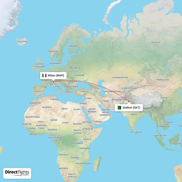 Sialkot - Milan direct flight map
