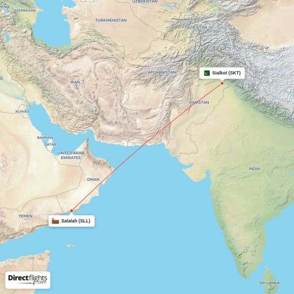 Sialkot - Salalah direct flight map