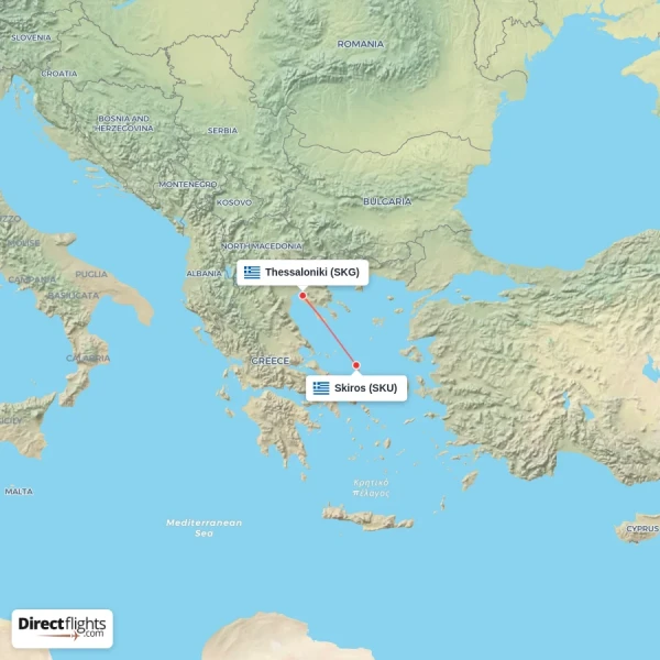 Skiros - Thessaloniki direct flight map