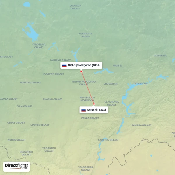 Saransk - Nizhniy Novgorod direct flight map