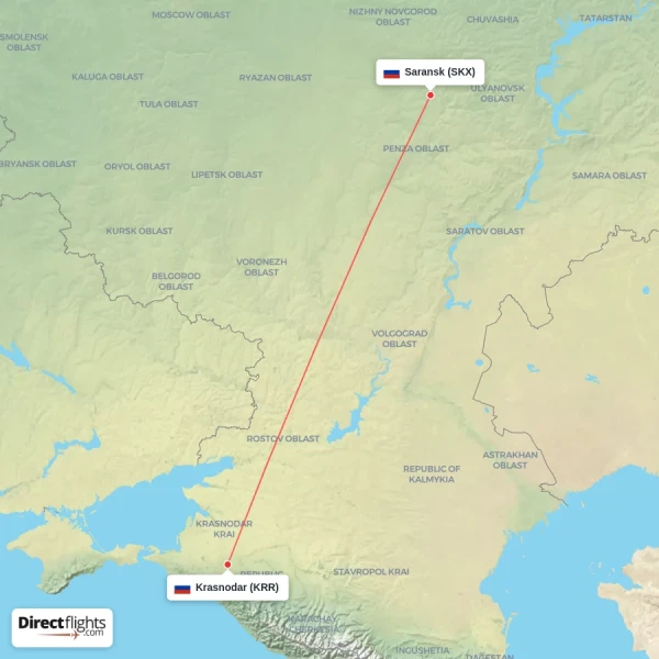 Saransk - Krasnodar direct flight map
