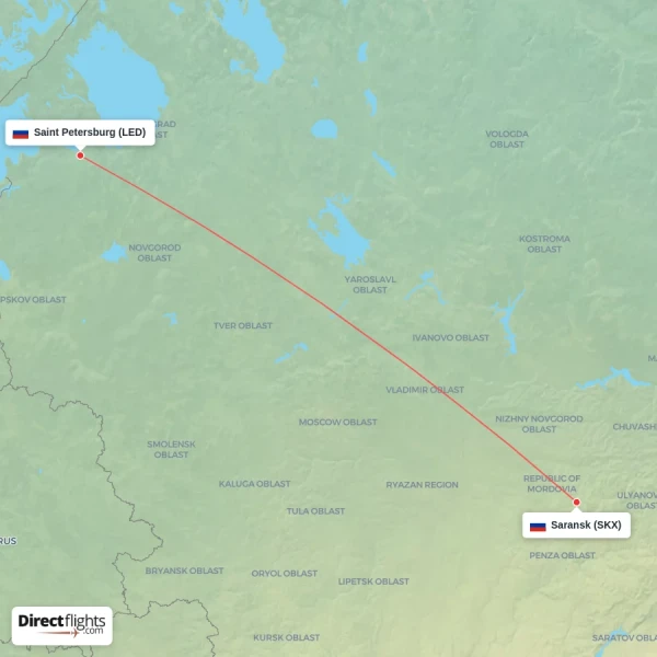 Saransk - Saint Petersburg direct flight map