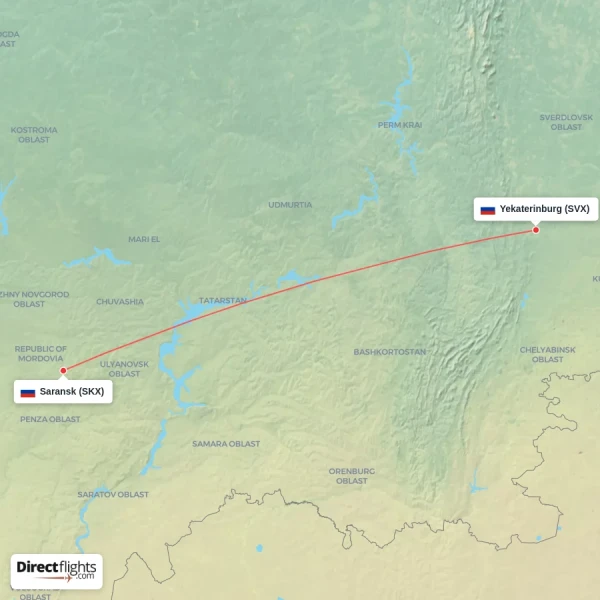 Saransk - Yekaterinburg direct flight map
