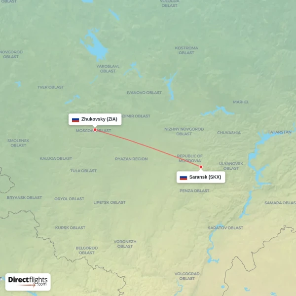 Saransk - Zhukovsky direct flight map