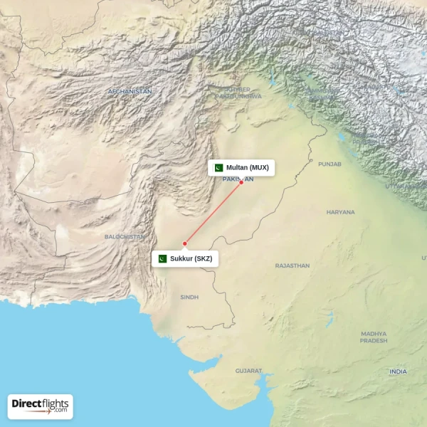 Sukkur - Multan direct flight map