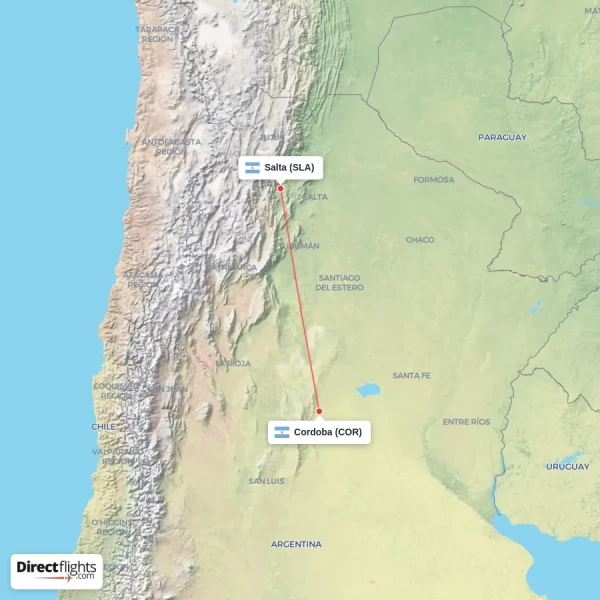 Salta - Cordoba direct flight map