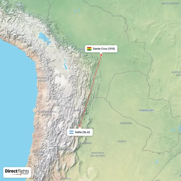 Salta - Santa Cruz direct flight map