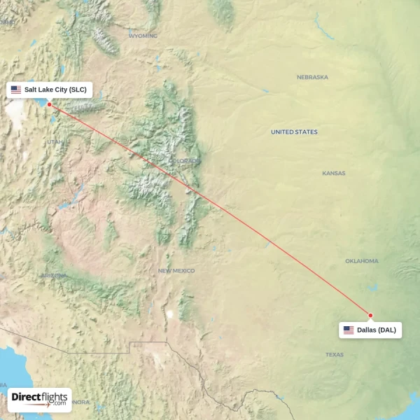 Salt Lake City - Dallas direct flight map