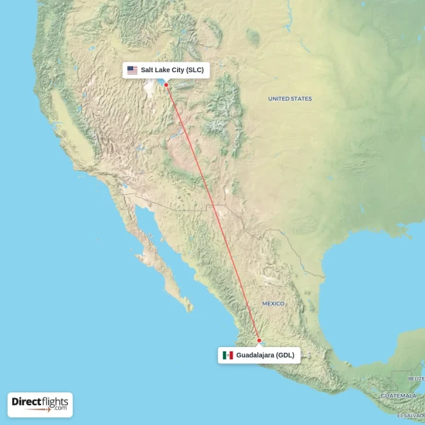 Salt Lake City - Guadalajara direct flight map