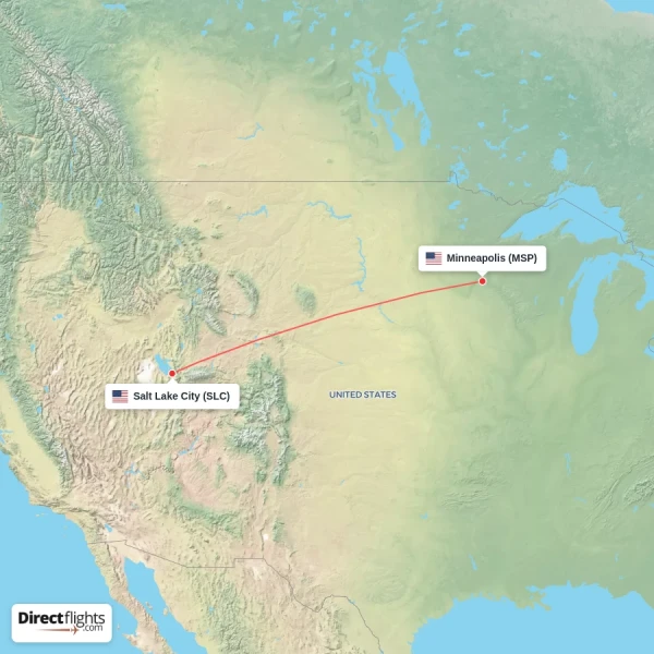 Salt Lake City - Minneapolis direct flight map