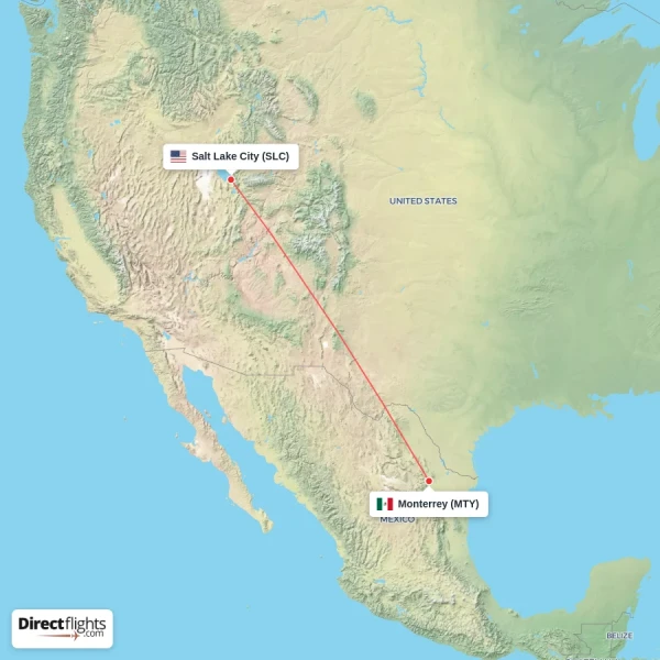 Salt Lake City - Monterrey direct flight map