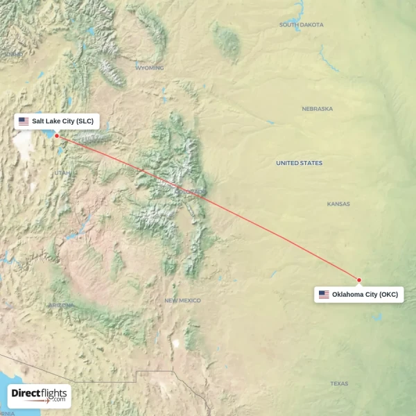 Salt Lake City - Oklahoma City direct flight map