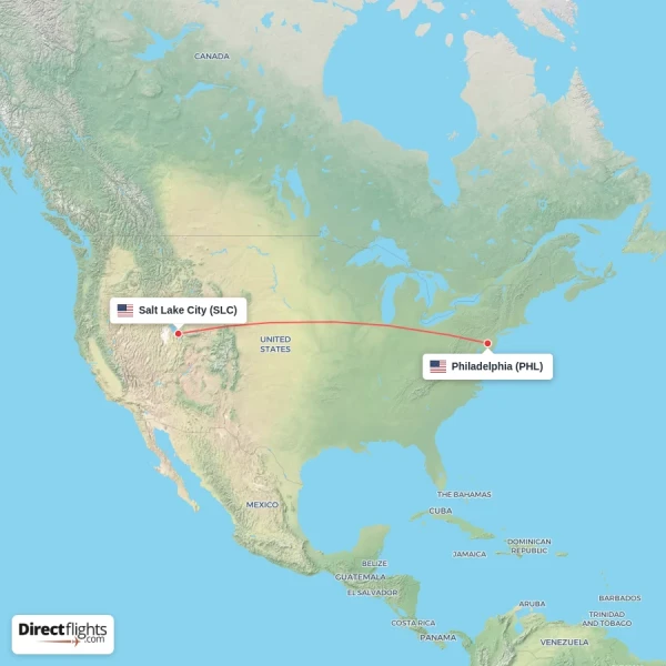 Salt Lake City - Philadelphia direct flight map