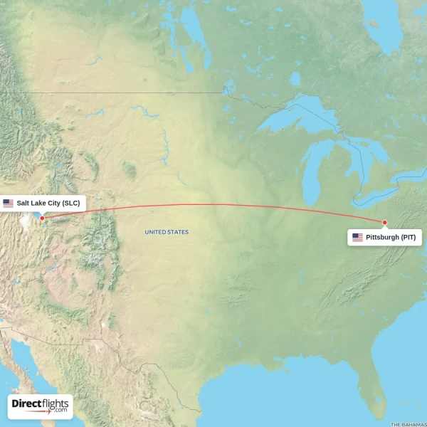 Salt Lake City - Pittsburgh direct flight map