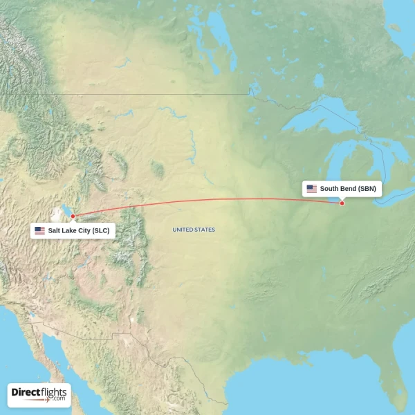 Salt Lake City - South Bend direct flight map