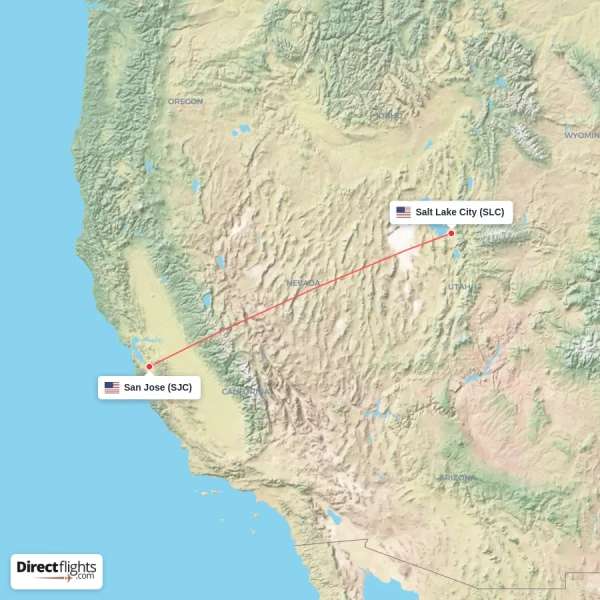 Salt Lake City - San Jose direct flight map