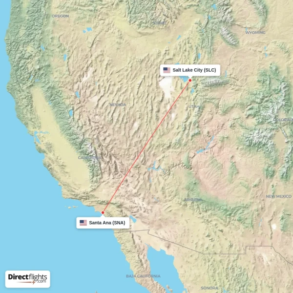 Salt Lake City - Santa Ana direct flight map