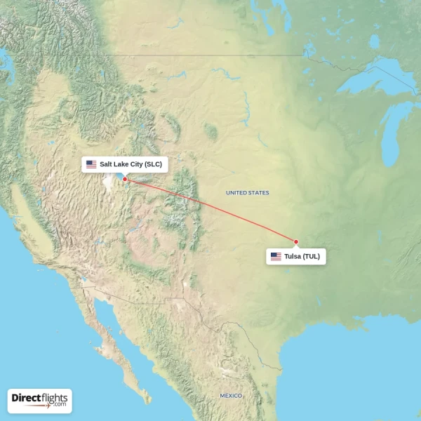 Salt Lake City - Tulsa direct flight map