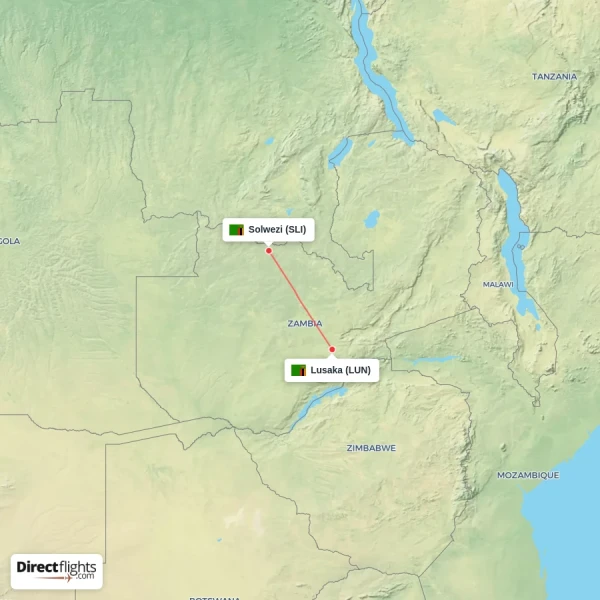 Solwezi - Lusaka direct flight map