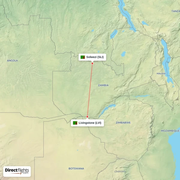 Solwezi - Livingstone direct flight map