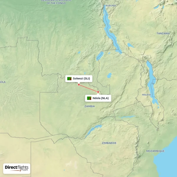 Solwezi - Ndola direct flight map