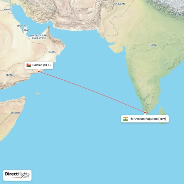 Salalah - Thiruvananthapuram direct flight map