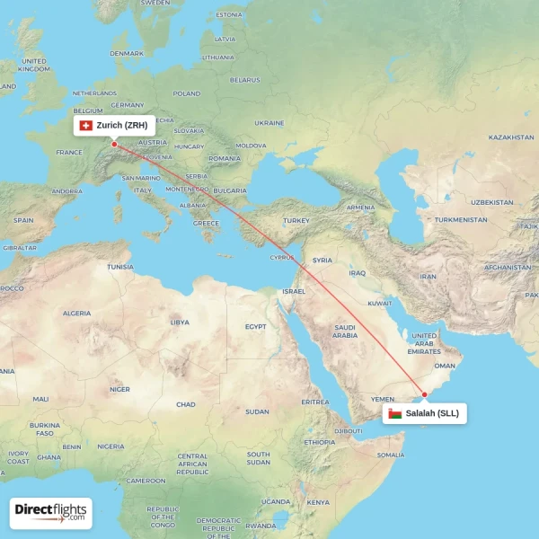Salalah - Zurich direct flight map