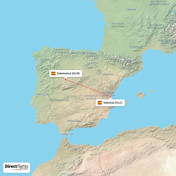 Salamanca - Valencia direct flight map